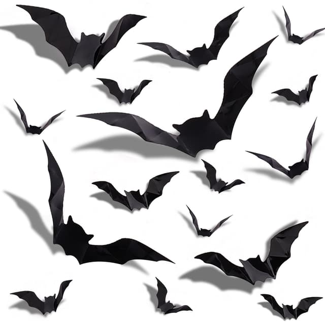 GoldRock 4 Größen 3D Fledermaus Deko Halloween Sticker, 32 Stück Halloween Deko Fledermäuse Wandaufkleber,Fledermaus Aufkleber Schwarz,Gothic Fensterbilder Helloween Dekorationen für Wand,Fenster,Tür 32 Stück Halloween 3d Fledermaus Deko