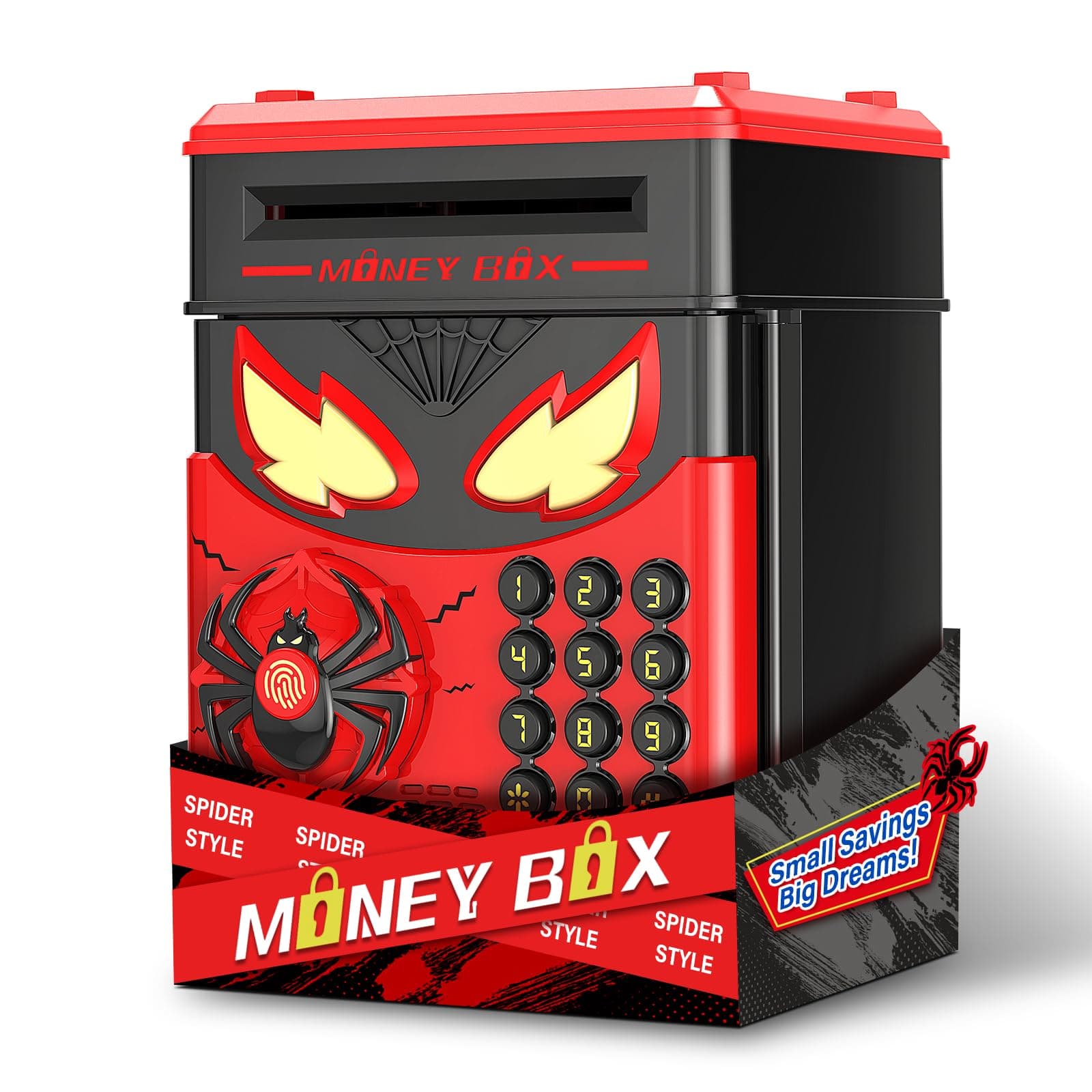 Ltteaoy Spardose Kinder Tresor,Tresor Kinder mit 3D Spinnen Design und interaktivem Fingerabdrucksensor,Elektronische Sparbox mit Passwort,Licht & Sound,Geschenk für Jungen Mädchen ab 3–12 Jahre Rp