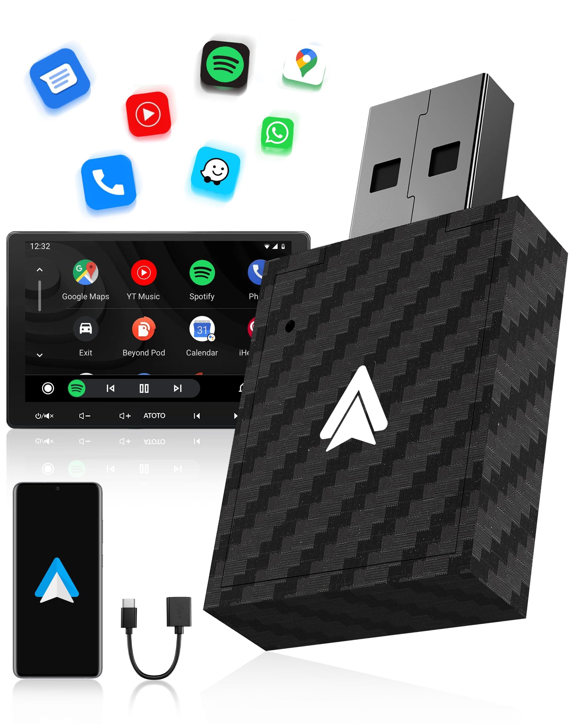 WityEye Android Auto Wireless Adapter, V5.3 Bluetooth Stabile Verbindung, 5.8 GHz WiFi Schnelle Datenübertragung, Wandelt Kabelverbindung in Kabellos um, für Smartphone Android 11+