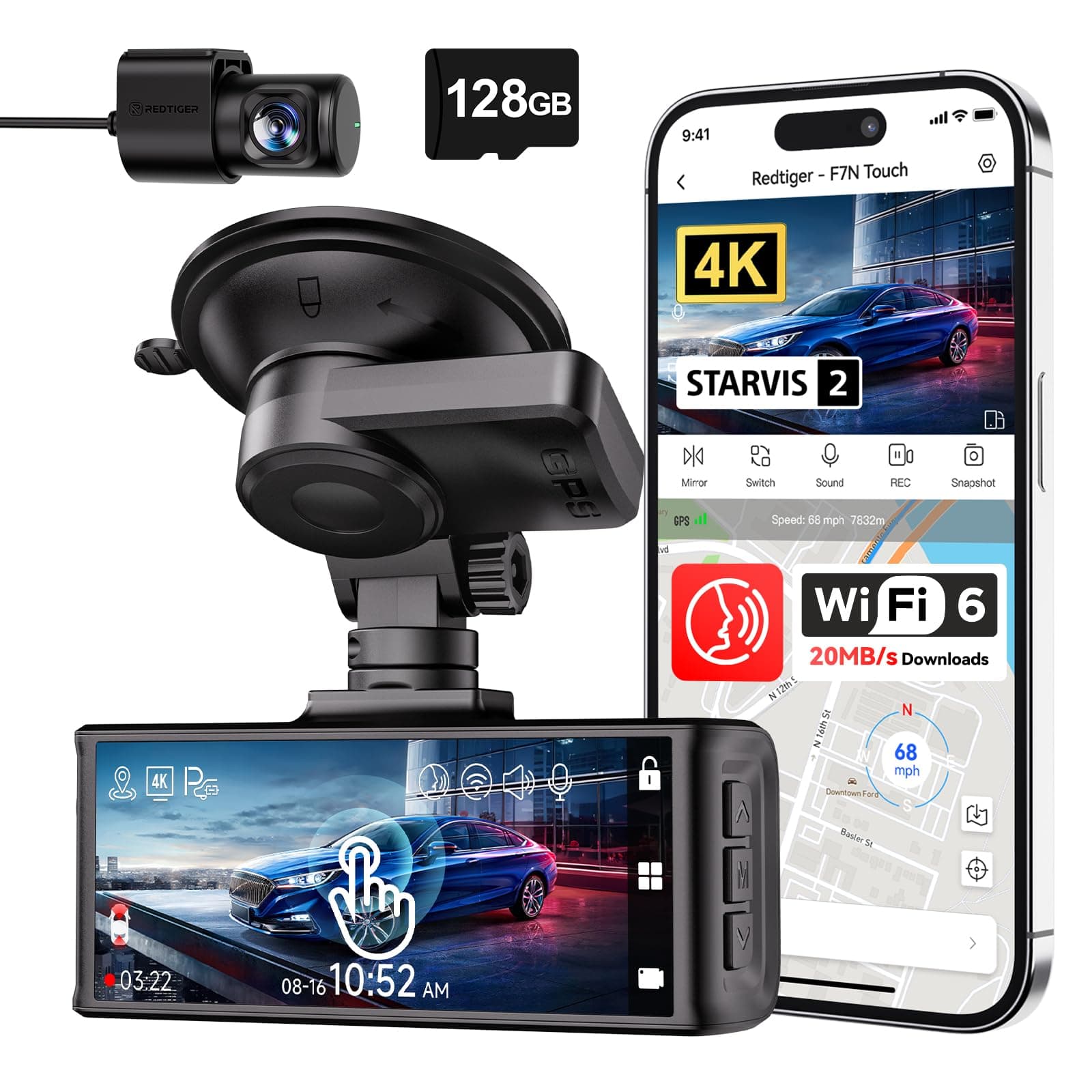 REDTIGER 4K STARVIS 2 Dashcam Auto Vorne Hinten,Touchscreen 3,18 Zoll,Sprachsteuerung,Dash Cam Auto 5.8GHz WiFi 6,GPS,Kostenlose 128GB Karte,2160P UHD-Nachtsicht,Notfall-Sperre,Parkmonitor (F7N Touch)