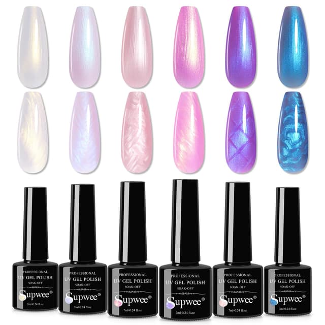 SUPWEE Pearl-Gel-Nagellack-Set, 6 Farben Pearl Effekt schimmernd Zeichnung Meerjungfrau UV Gel-Nagellack Muschel-Wirbel-Faden-Effekt Soak-Off-UV-Gels für Nagelkunst-Maniküre 6 Colors Pearl UV Gel-184