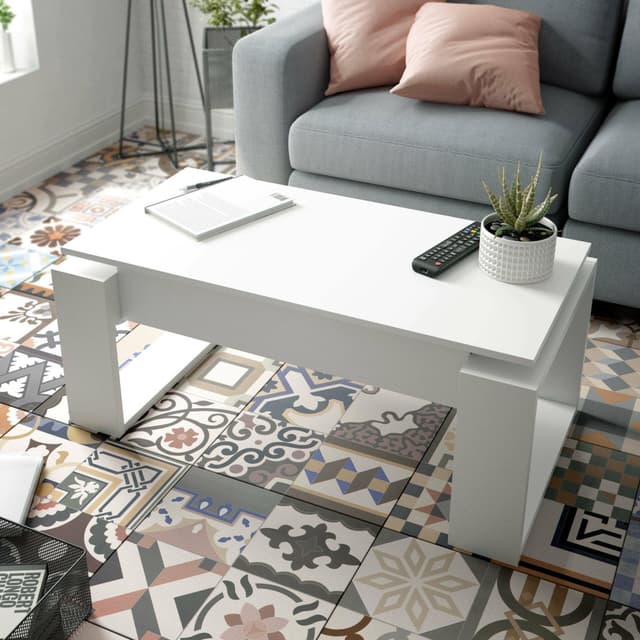 Dmora - Flint Couchtisch, Couchtisch mit Hebeplatte, Niedriger Wohnzimmertisch, 105x55h45/56 cm, Weiß