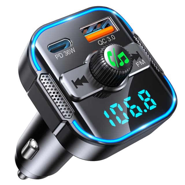 2-in-1 Bluetooth Adapter Auto & Schnelles Autoladegerät (PD 36W & QC3.0 18W) - Neuester FM Transmitter Zigarettenanzünder mit Dual Mikrofon, unterstützt Siri-Assistent & Freisprecheinrichtung