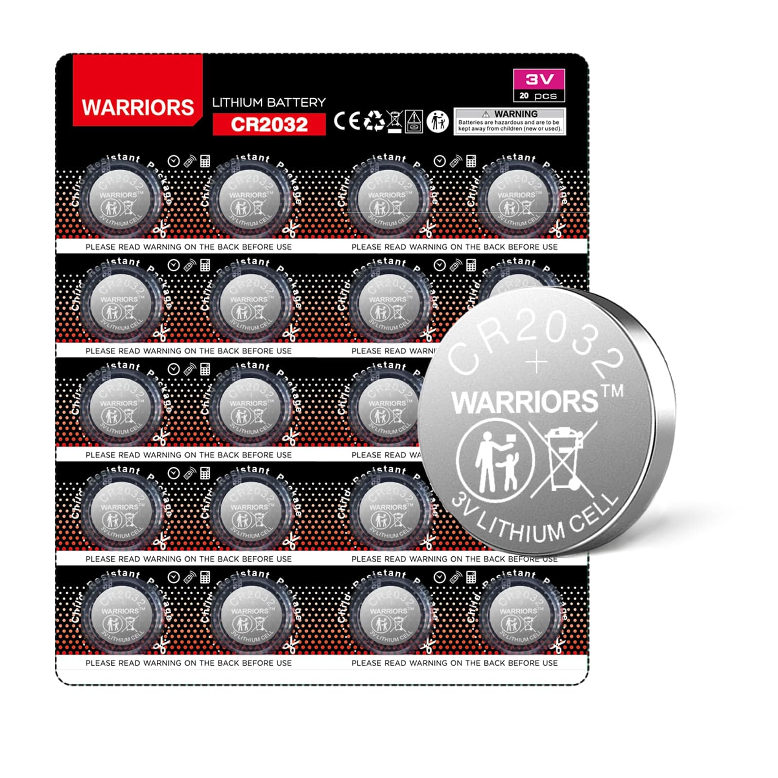 Warriors 20X 2032 Batterie Knopfzellen CR2032 Batterien 3V, Kapazität 240 mAh, kindersichere Verpackung, für den Einsatz in Schlüsselanhängern, Waagen, medizinischen Geräten (20X)