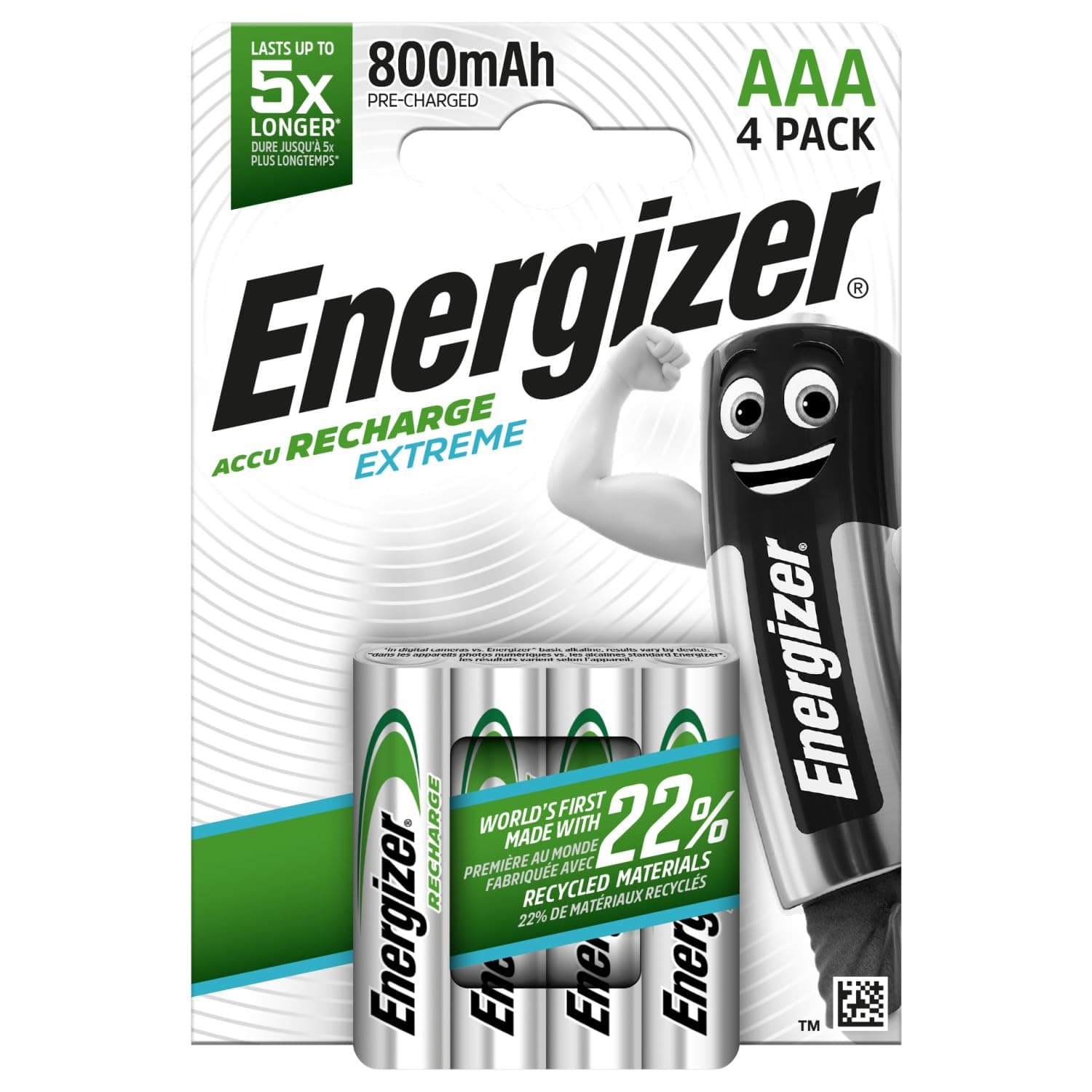 Energizer Recharge Extreme - AAA Akkus wiederaufladbar (4 Stück) - 800 mAh NiMH Batterien - lang anhaltende Energie für Digitalkameras, Spiele-Controller und tragbare - 100% Recycelbar Verpackung Recharge Extreme AAA (4er Pack) AAA (4er Pack) Single