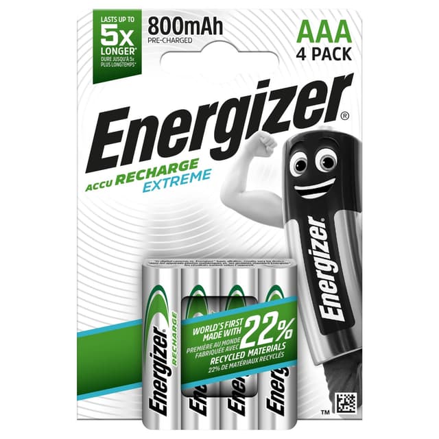 Energizer Recharge Extreme - AAA Akkus wiederaufladbar (4 Stück) - 800 mAh NiMH Batterien - lang anhaltende Energie für Digitalkameras, Spiele-Controller und tragbare - 100% Recycelbar Verpackung Recharge Extreme AAA (4er Pack) AAA (4er Pack) Single
