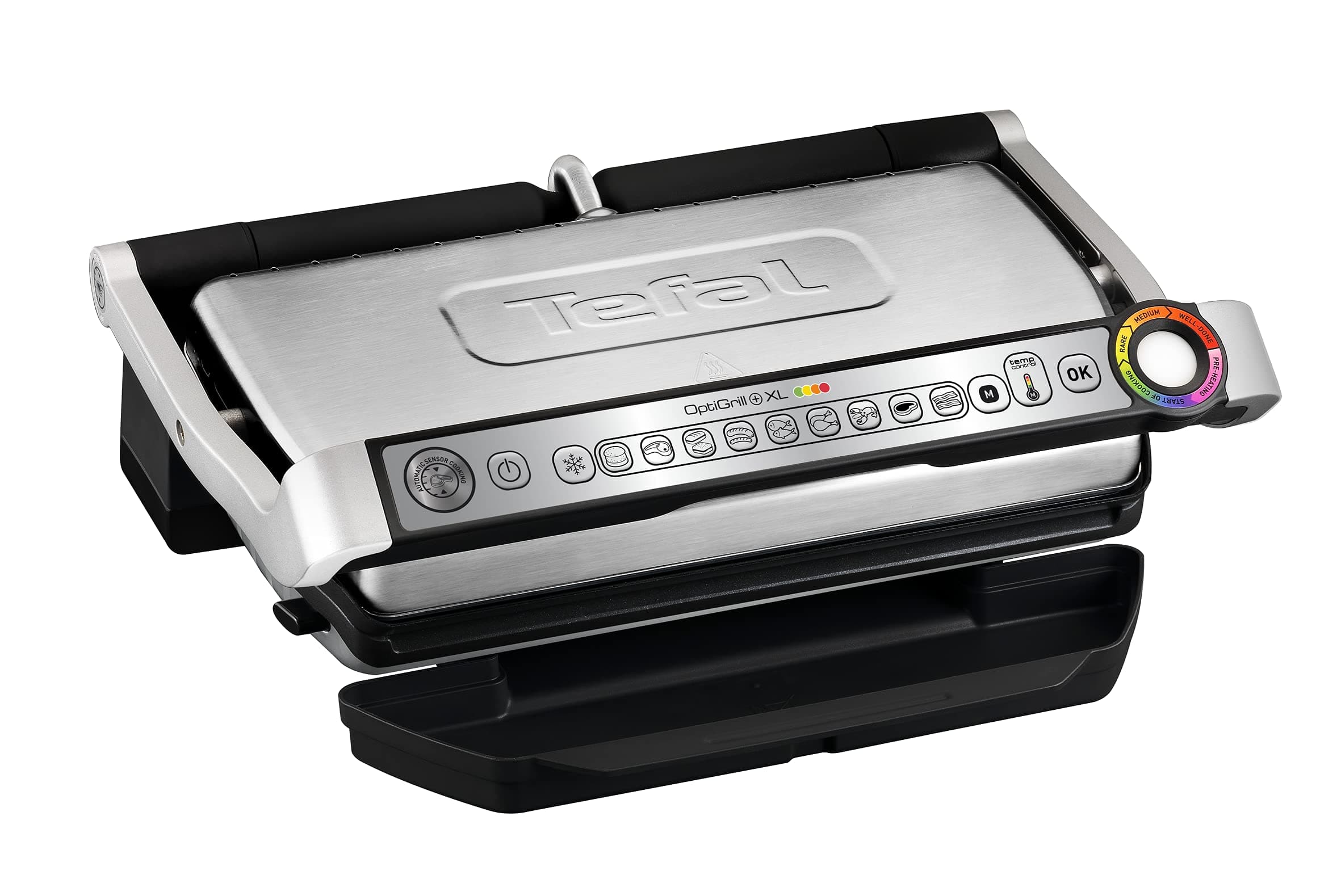 Tefal OptiGrill+ XL Kontaktgrill, 9 Programme, manueller Modus, 200 W, Garstufenanzeige, Dickemessung, Abnehmbare XL-Platten, Elektrogrill, Edelstahl, GC722D16