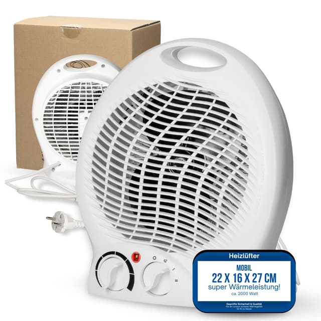 Heizlüfter 'Mobil' 2000W inkl. Ventilator - Standheizköper sehr leise - tragbares Heizgerät mit Thermostat & 4-Stufen-Schalter - energiesparender Fan & Lüfter (Weiß) Klein