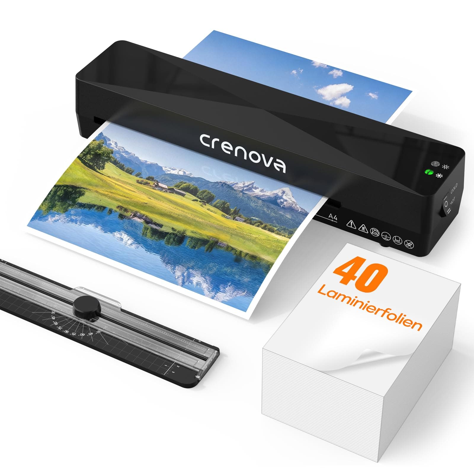 Crenova Laminiergerät A4 mit 40 Laminierfolien & Papierschneider, 1-2 Min Aufwärmzeit, Geeignet für 80-125 Mic Laminierfolien, ABS-Funktion gegen Papierstau, Für Büro & Zuhause A4+40 Laminierfolien+Papierschneider