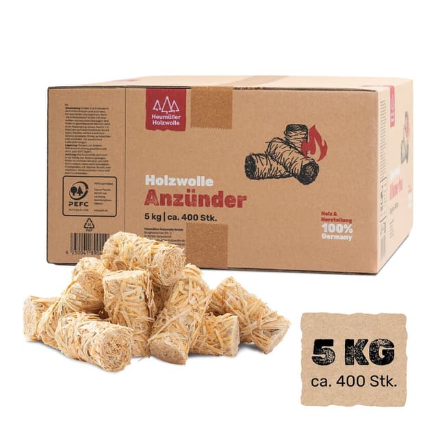 Heumüller Holzwolle 5 kg (ca. 400 Stück) Holzwolle-Anzünder Kaminanzünder | Öko-Anzünder aus Holzwolle & Wachs | Lange Brenndauer & geruchsneutral | Ideal für Kamin, Grill & Feuerstellen