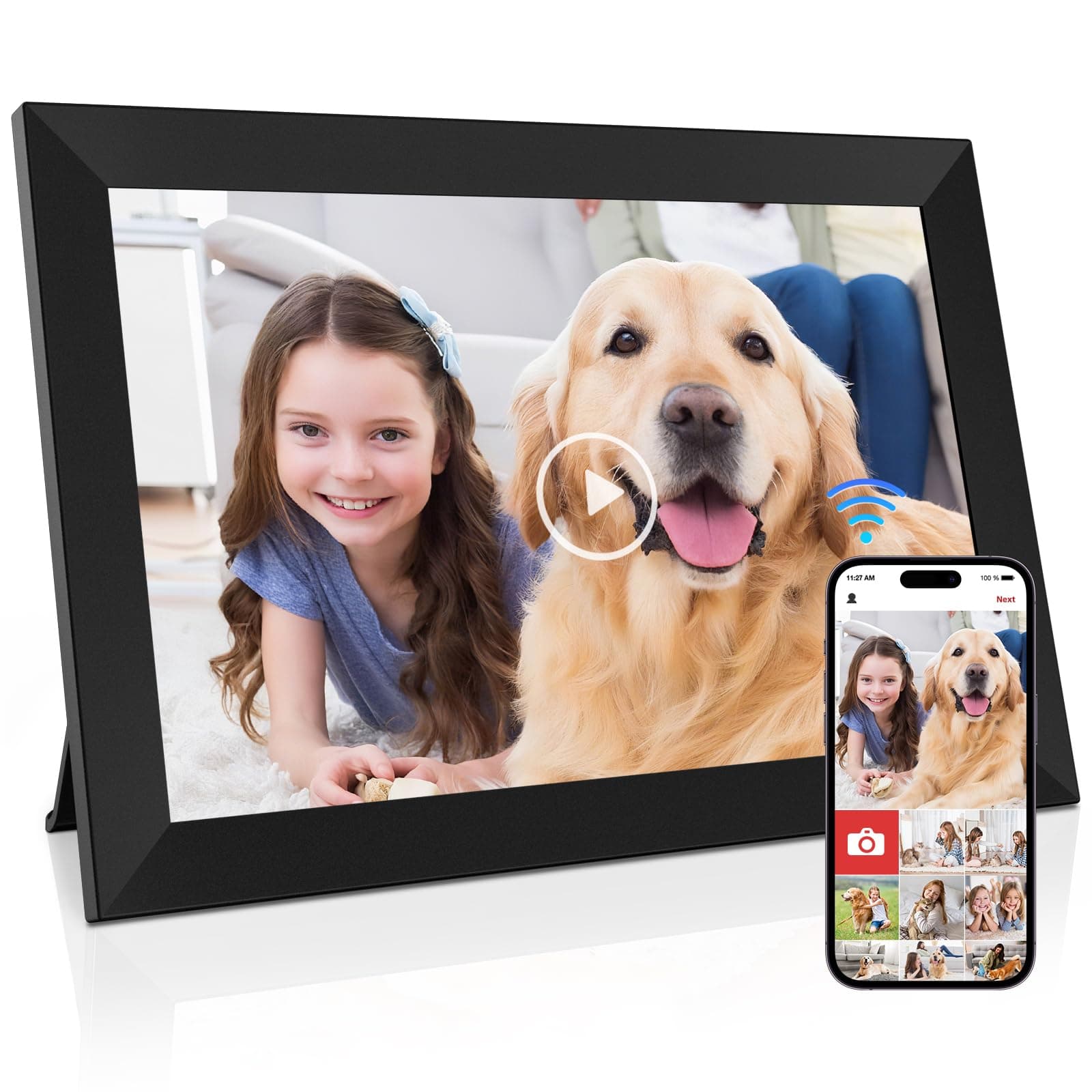 GGUA WiFi Digitaler Bilderrahmen - 10.1 Zoll Elektronischer Bilderrahmen 1280 * 800 IPS Touchscreen, 32GB Speicher, Automatische Rotation Teilen Sie Fotos und Videos sofort über Frameo App Schwarz