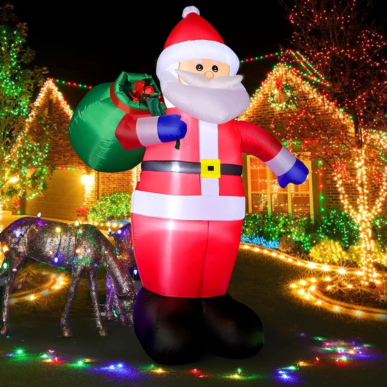 Aufblasbarer Weihnachtsmann 240cm mit LED Lichtern, 8 Fuß Riesen Figur Inflatable Santa mit Geschenktüte, Aufblasbarer XXL Weihnachtsdeko IP44 Wetterfest Beleuchtung für Innen Außen Garten Rasen Hof Rot