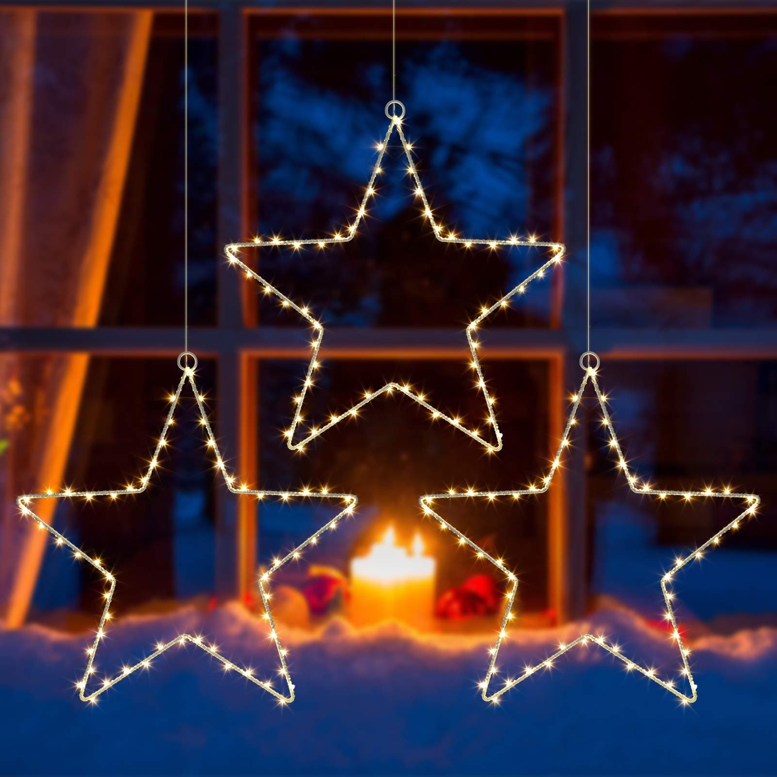 Litake LED Weihnachtsstern Beleuchtung, 6M 60 LED Jeder Stern Weihnachtslichter Stern Fensterdeko Weihnachtsdeko Batteriebetrieben Timer Warmweißen (3 Stk) Warmweiß 3 Stk