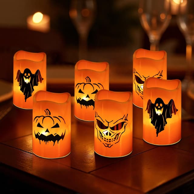 Bseical 6er-Set Flammenlose LED Halloween Kerzen, Halloween Deko Innen Kürbis Kerze led Teelichter, Kerzen mit Batterie led kerzen outdoor, Stumpenkerzen Hallowee Dekorationen für Außen Garten Party