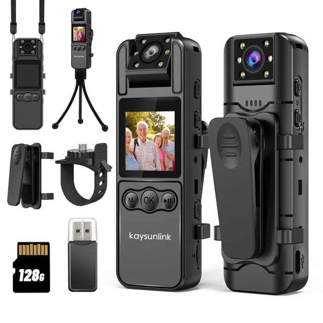 kaysunlink Körperkamera mit Audio- und Videoaufnahme, 1080P FHD, Mini-Polizei, tragbar, klein, persönlicher Camcorder, Sport, Action, Outdoor-Videorecorder (128 GB)