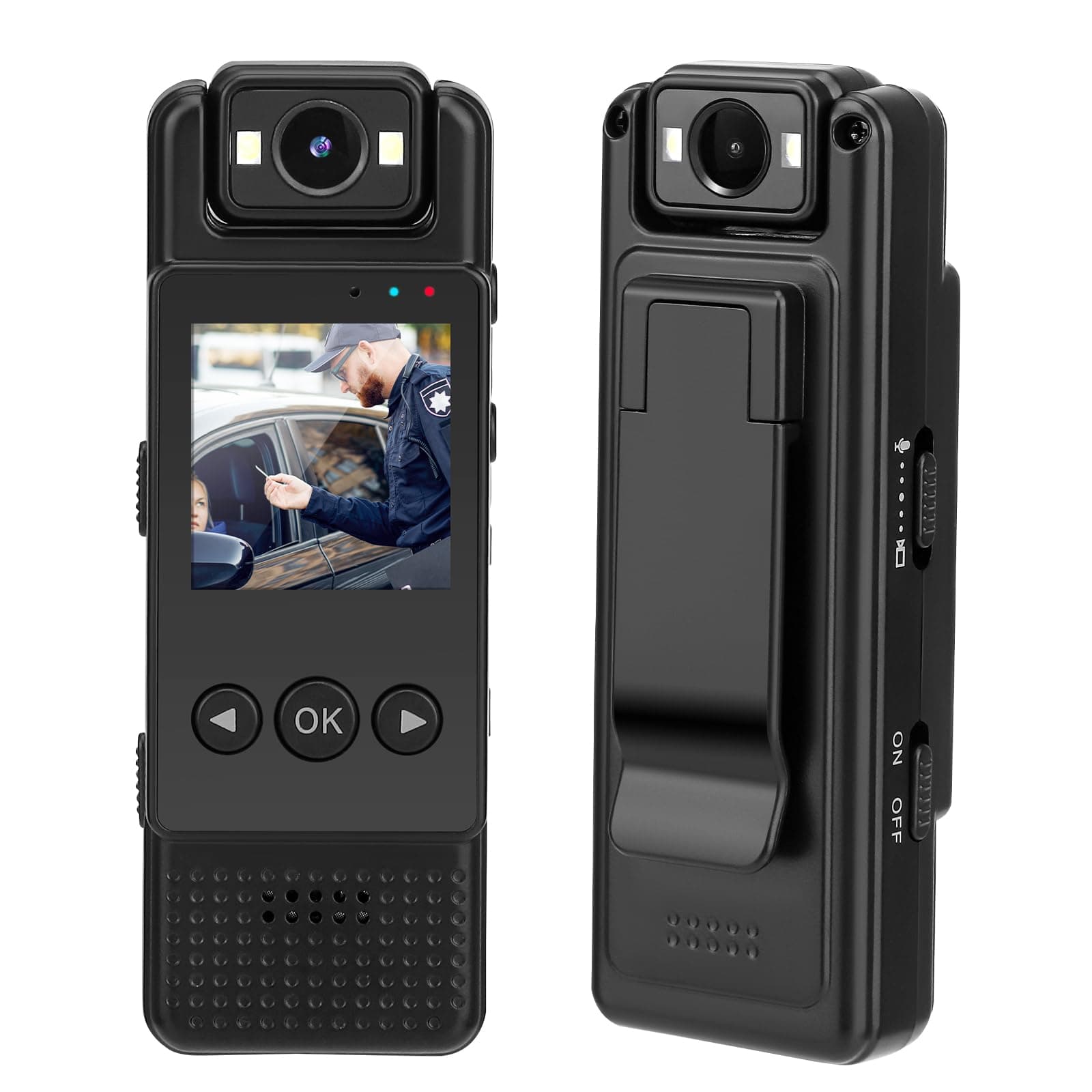 Polizeikamera mit Rückclip und 180° Weitwinkel, 64GB Bodycam Körperkamera Mini mit Aufnahme, Video und Fotofunktion, 1080P Taschenkamera mit 1,3-Zoll-Bildschirm und 180° Flip Objektiv, 1200 mAh Akku