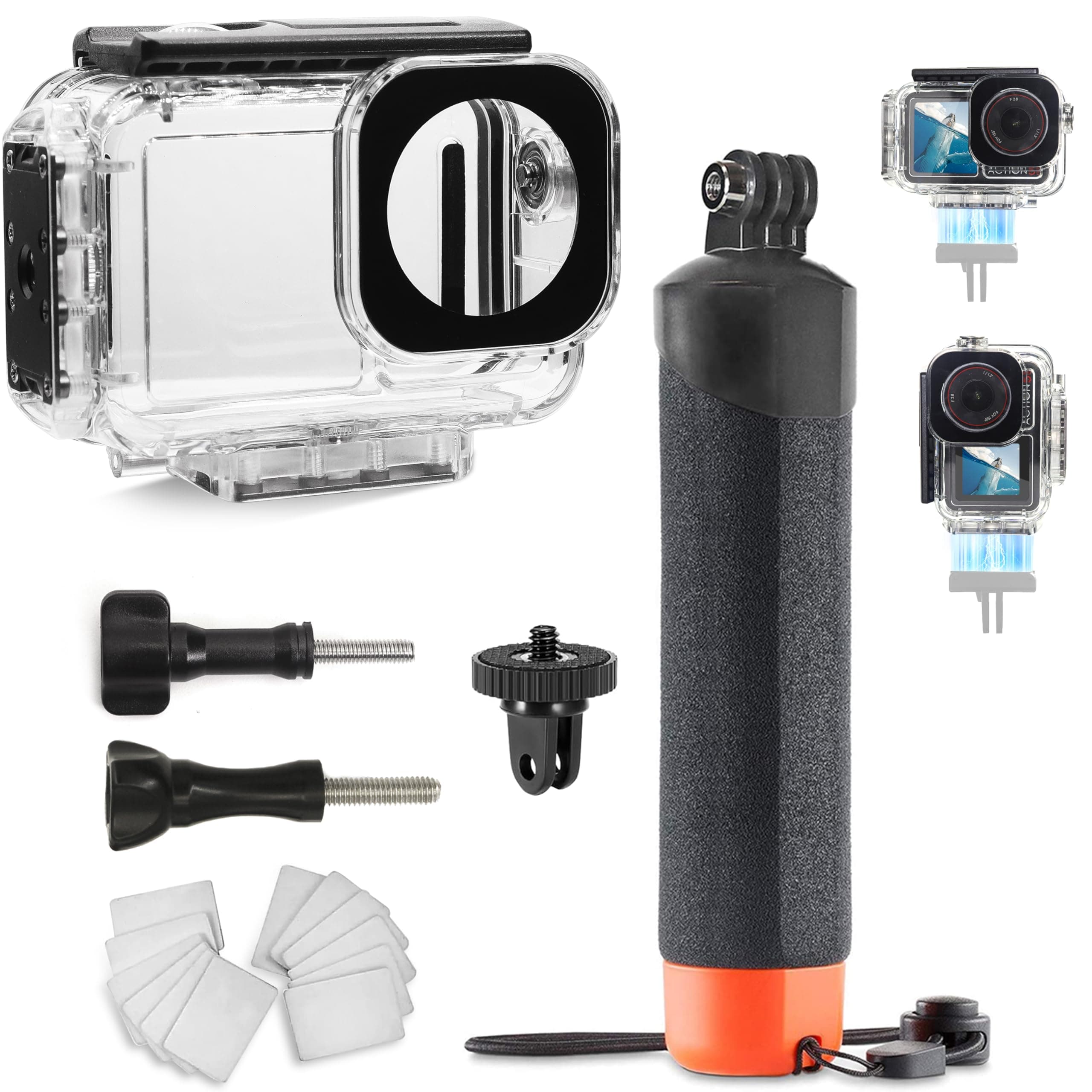 FitStill Wasserdichtes Unterwassergehäuse mit magnetischer Schnellverschluss-Schnittstelle, kompatibel mit DJI Osmo Action 5 Pro Action 4 Action 3, Einbeinstativ, schwimmender Handgriff