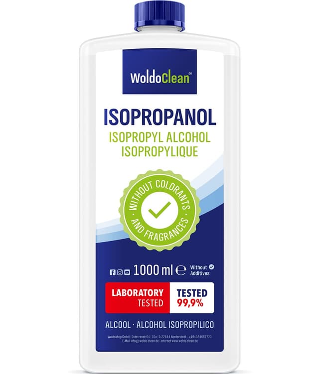 WoldoClean Isopropanol 99,9% Reinigungsalkohol 1L - IPA hochrein, farblos & geruchsneutral, rückstandslos & streifenfrei für Elektronik, 3D-Drucker, Glas, Metall & Haushalt
