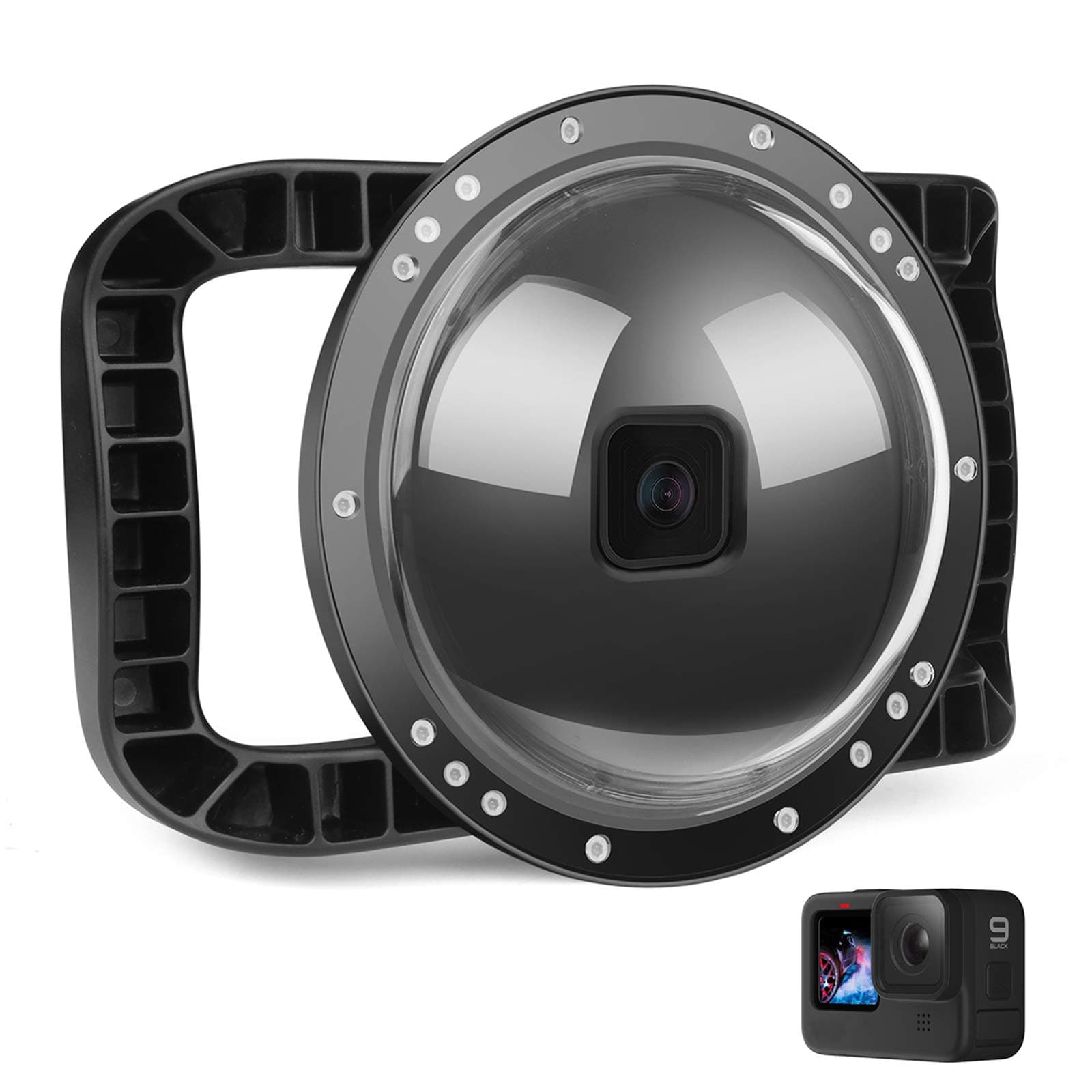 D&F Unterwasser Dome Port für Go Pro Hero 13 Black/Hero 12 /Hero 11 /Hero 10 /Hero 9 Black, Integrierter Gehäusekuppel mit Zwei Händen und 30m/98ft Wasserdichtes, professionelles Tauchzubehör