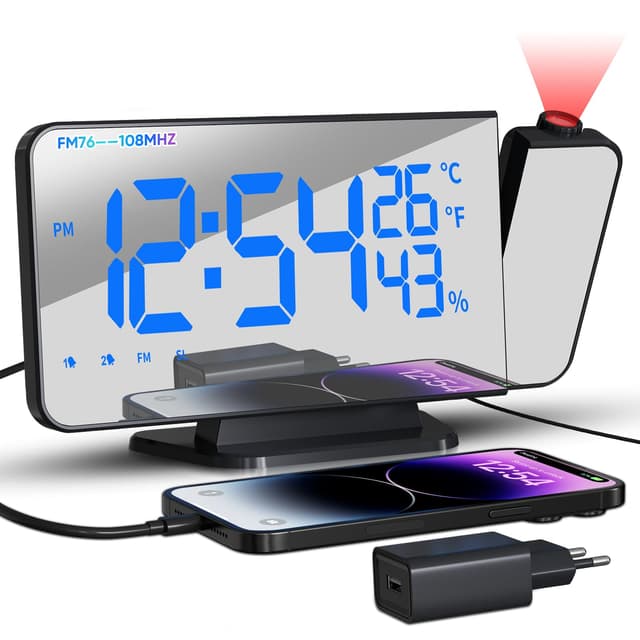 TAKRINK Projektionswecker Radiowecker mit 4 Stufen Bildschirmhelligkeit Digitalwecker mit 12 / 24H Projektionsanzeige 15 Lautstärkestufen 180° Projektor für Erwachsene, Kinder Marineblau