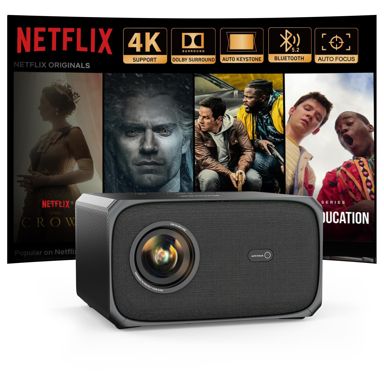 Beamer 4K Passend für Netflix Dolby Audio 35000L 1080P FHD Smart Beamer Heimkino, KI-Autofokus & Trapezkorrektur Jimveo Projektor mit Zwei-Wege Bluetooth WiFi6 Outdoor 300" Display Video Projektor Schwarz