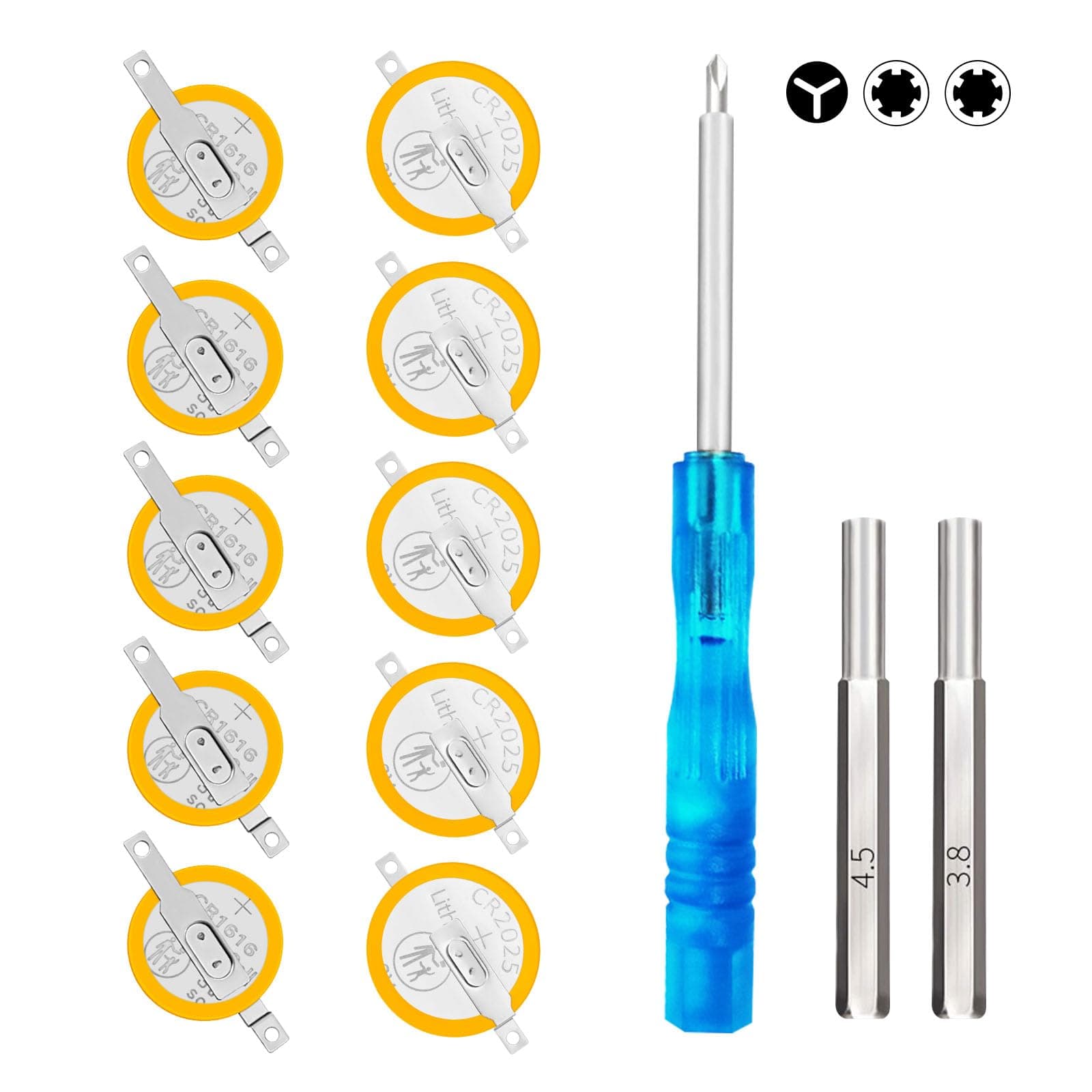 IWANGDO 5 Stück CR2025 Batterien 5 Stück CR1616 Batterien mit Schaft kompatibel mit Game Boy, Gameboy Color GBA mit Sicherheits-Bit-Schraubendreher 3,8 mm 4,5 mm(5xcr2025+5xcr1616+3 Schraubendreher)