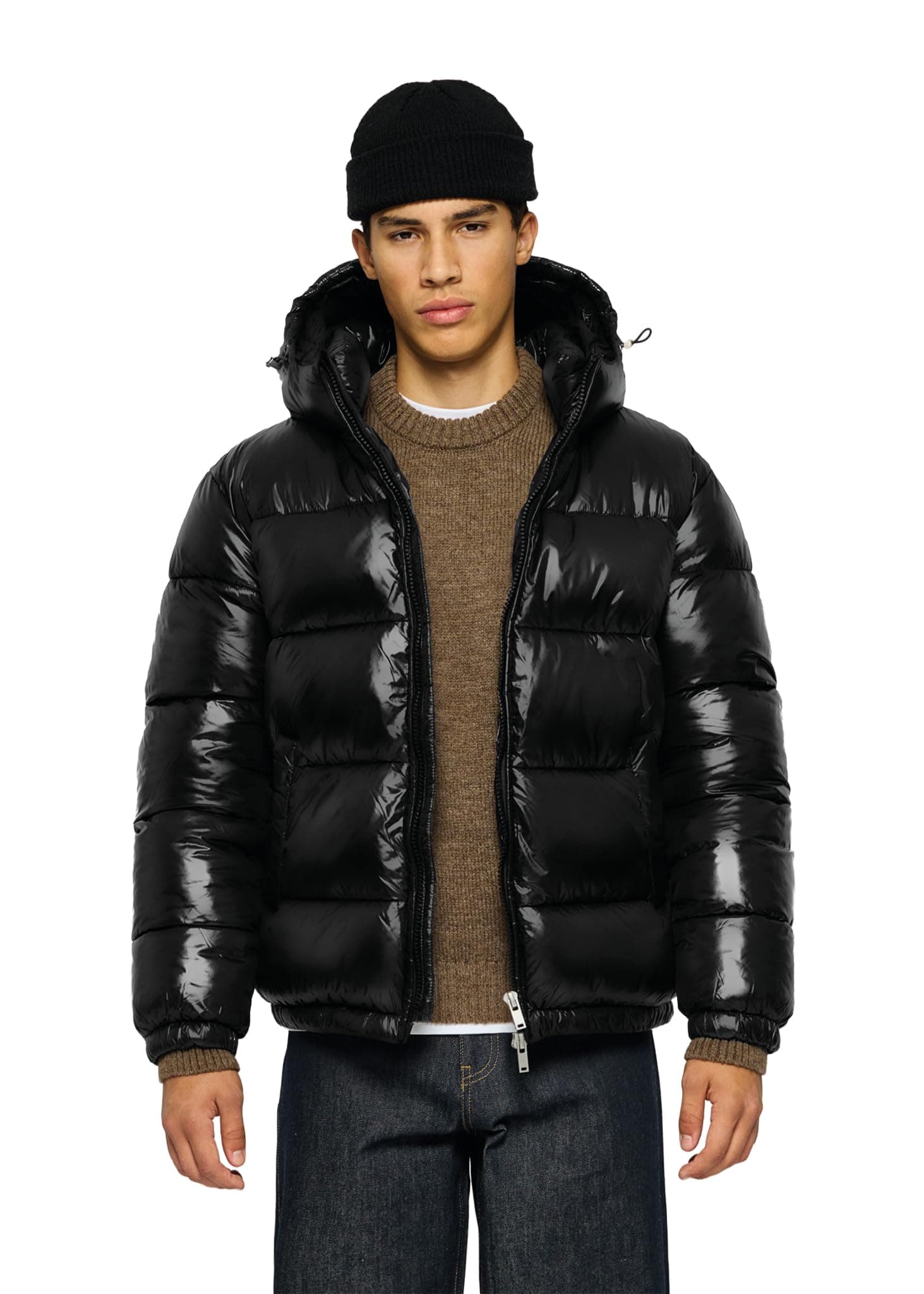 Burocs Glossy Puffer Jacket - Brown - Oversized Herrenjacke - verstellbare Kapuze - glänzendes Material - Innentasche M Schwarz