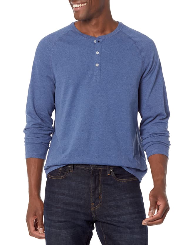 Amazon Essentials Herren Henley-Shirt mit Langen Ärmeln und normaler Passform (erhältlich in Übergrößen) XL Blau Heide