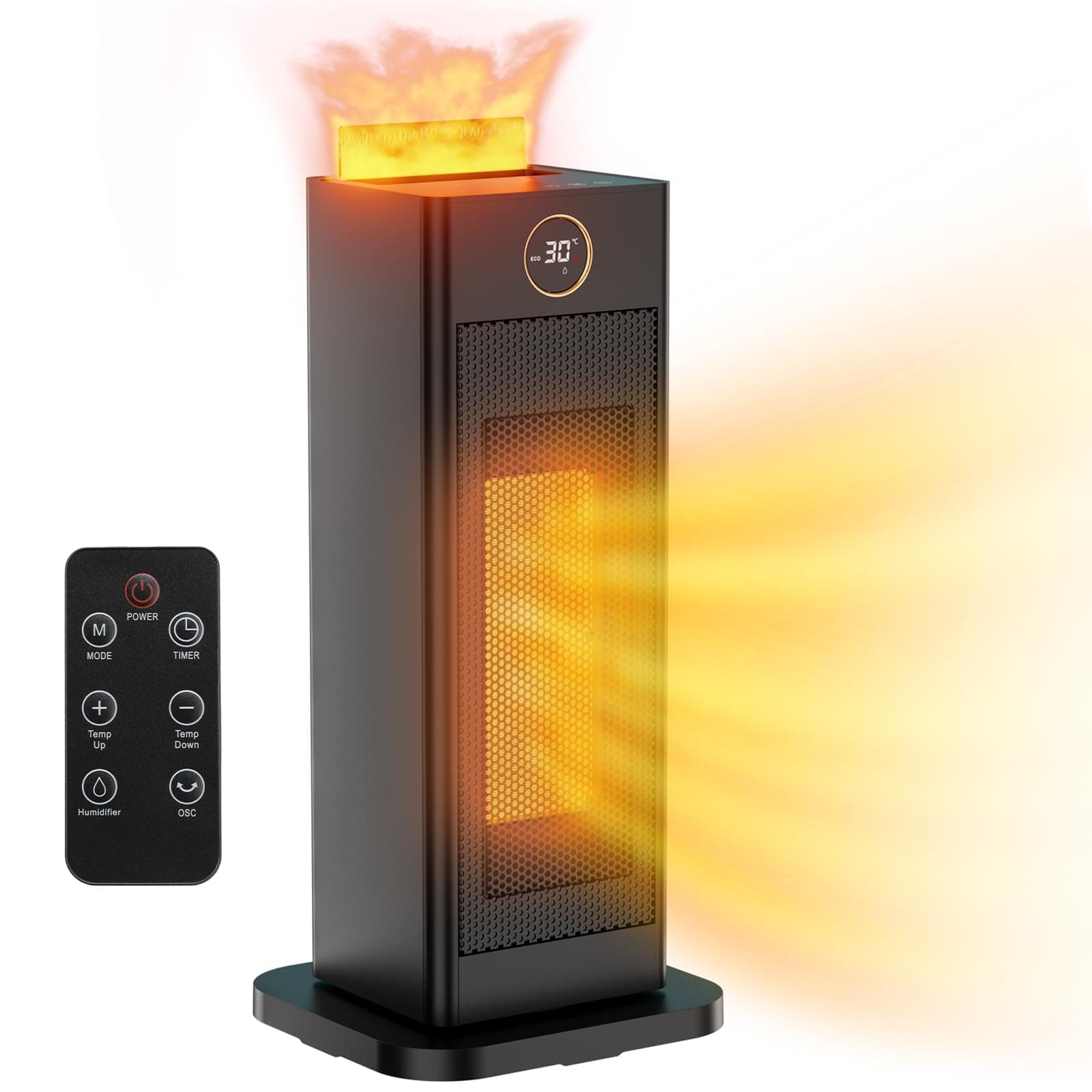 LIFERUN Keramik Heizlüfter Energiesparend mit Luftbefeuchter led Flammenlicht, Leise, 2S Wärmt Schnell, 90°Oszillation, mit Fernbedienung, Timer, Elektrische Heizung Schlafzimmer, Büro (L-2000W)