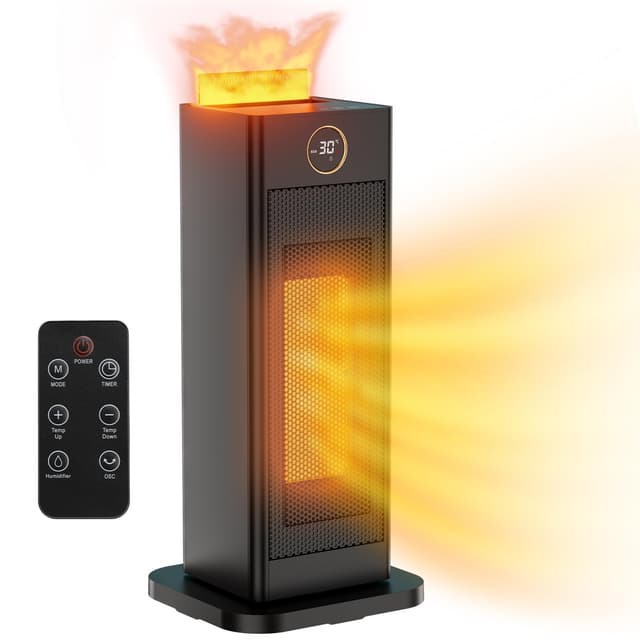 LIFERUN Keramik Heizlüfter Energiesparend mit Luftbefeuchter led Flammenlicht, Leise, 2S Wärmt Schnell, 90°Oszillation, mit Fernbedienung, Timer, Elektrische Heizung Schlafzimmer, Büro (L-2000W)