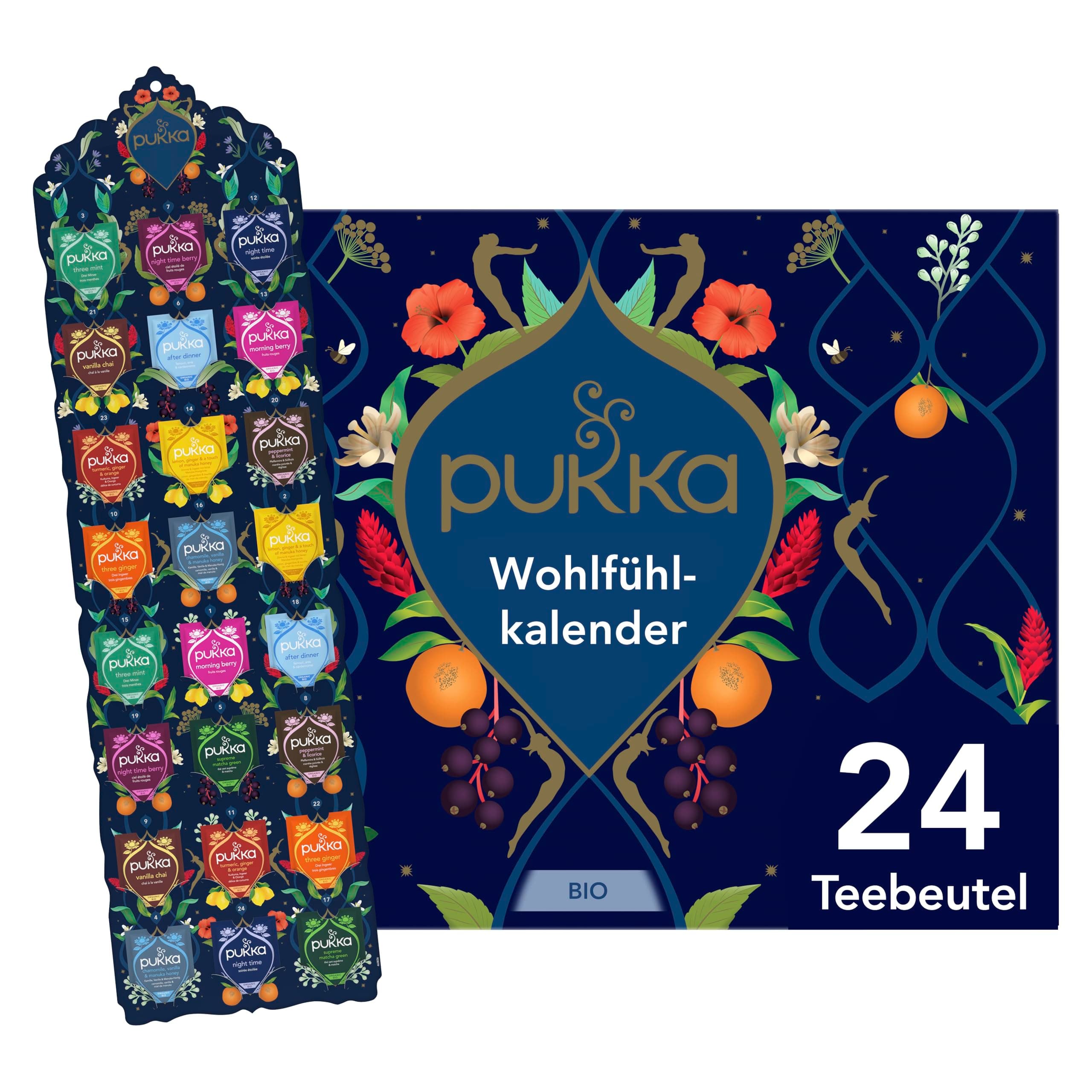 Pukka Bio Tee Geschenkset, Adventskalender, "Wohlfühlkalender 2025", Umweltfreundlich, Keine Schokolade, Milchfrei, Geschenkidee, 12 Tee Varianten, 24 Teebeutel 12 Tee Varianten 24 Sachets/New