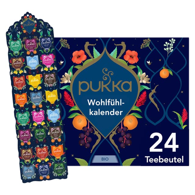 Pukka Bio Tee Geschenkset, Adventskalender, "Wohlfühlkalender 2025", Umweltfreundlich, Keine Schokolade, Milchfrei, Geschenkidee, 12 Tee Varianten, 24 Teebeutel 12 Tee Varianten 24 Sachets/New