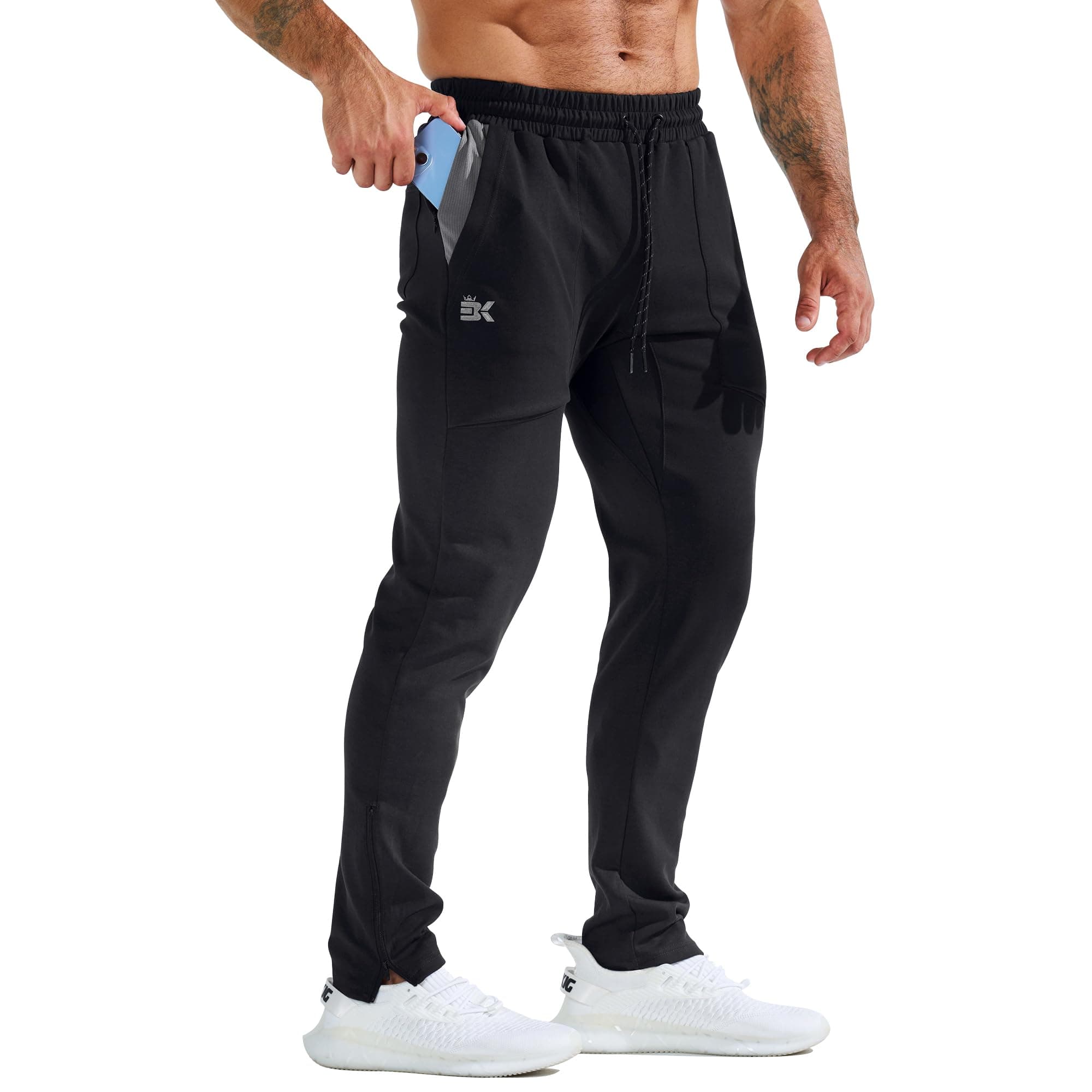 BROKIG Fitness Jogginghose Herren Lang mit Patchtasche, Gym Baumwolle Trainingshose Sporthose Herren Lang Slim Fit Hose S Schwarz