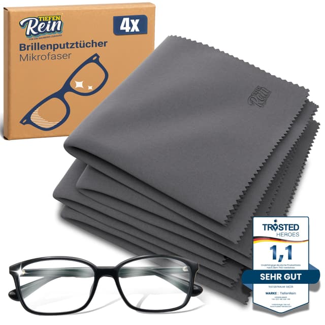 TiefenRein Brillenputztücher Mikrofaser 4X Grau - 20x20cm Extra Weich – Bildschirm Reinigungstücher, Brillenputztuch Groß, Microfaser Brillenputztuch für Klare Sicht und Sanfte Pflege der Brille 4 Stück Anthrazit