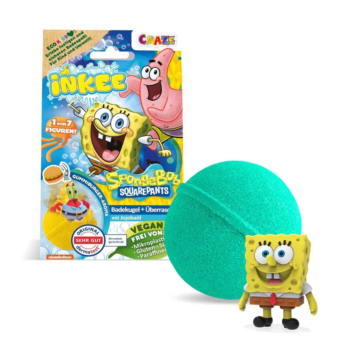 INKEE SpongeBob - Badebombe Kinder mit Überraschung - SpongeBob Schwammkopf Figuren zum Sammeln - Badekugel 80g mit Burgergummi-Aroma und Jojobaöl, Türkis oder Gelb 1x Spongebob Badebombe mit Überraschung