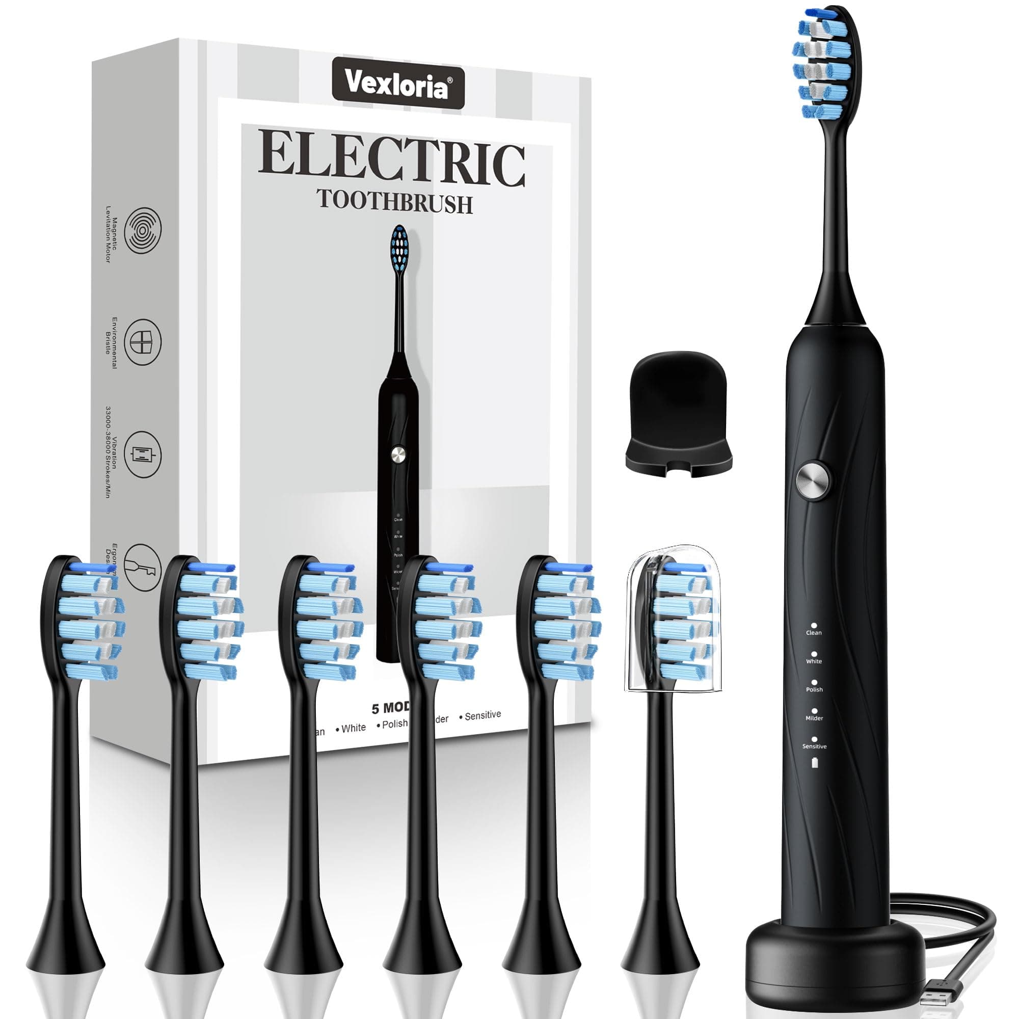 Vexloria Elektrische Zahnbürste, Schallzahnbürste, Zahnbürste Elektrisch mit 6 Bürstenköpfe, 5 Putzmodi, Timer und USB Ladestation, IPX7 Electric Toothbrush, 38000VPM Schwarz
