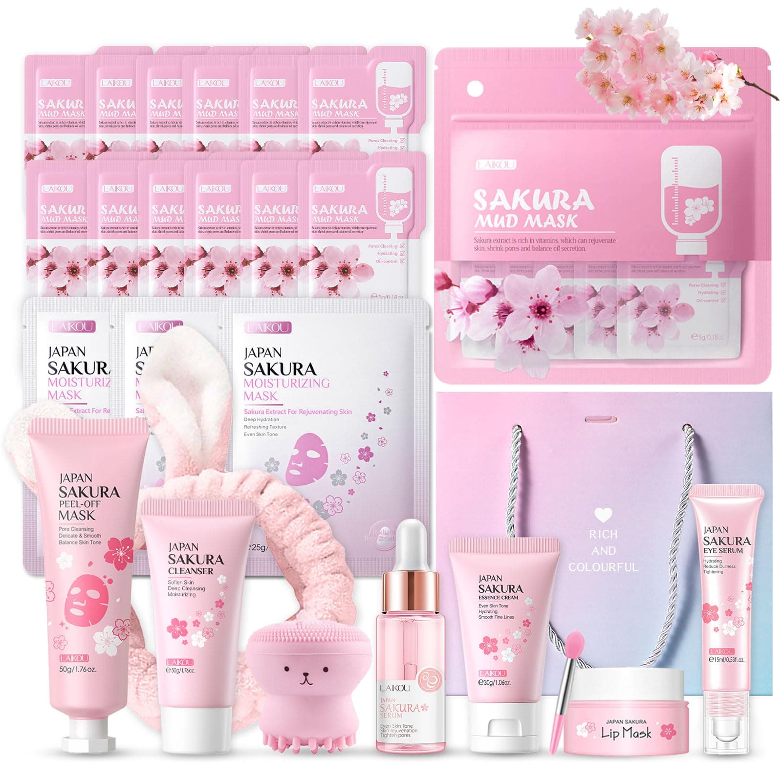 Sakura Sakura Gesichtspflege Set Feuchtigkeit Hautpflege Sets-Serum, Gesichtscreme, Reiniger, Augenserum, Mask, Schlammmaske, Geschenke Set für Gesicht Reinigung & Pflege Skincare Set, 11-tlg Rosa lila1