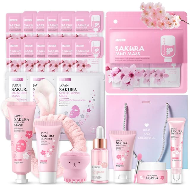 Sakura Sakura Gesichtspflege Set Feuchtigkeit Hautpflege Sets-Serum, Gesichtscreme, Reiniger, Augenserum, Mask, Schlammmaske, Geschenke Set für Gesicht Reinigung & Pflege Skincare Set, 11-tlg Rosa lila1