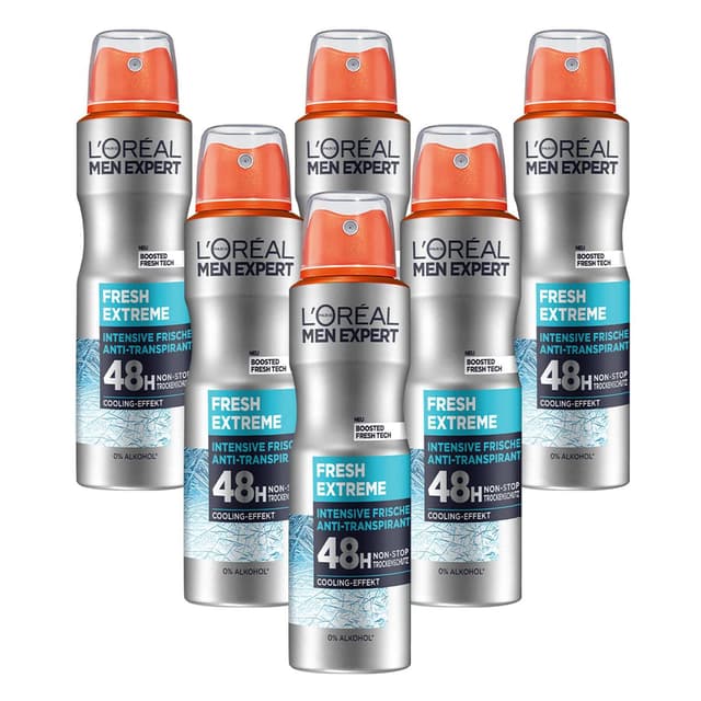 L'Oréal Men Expert Deo für Männer, Effektives Deospray mit integriertem Cooling-Effekt für bis zu 48 Stunden Frische, Fresh Extreme, 6 x 150 ml 6x Deos