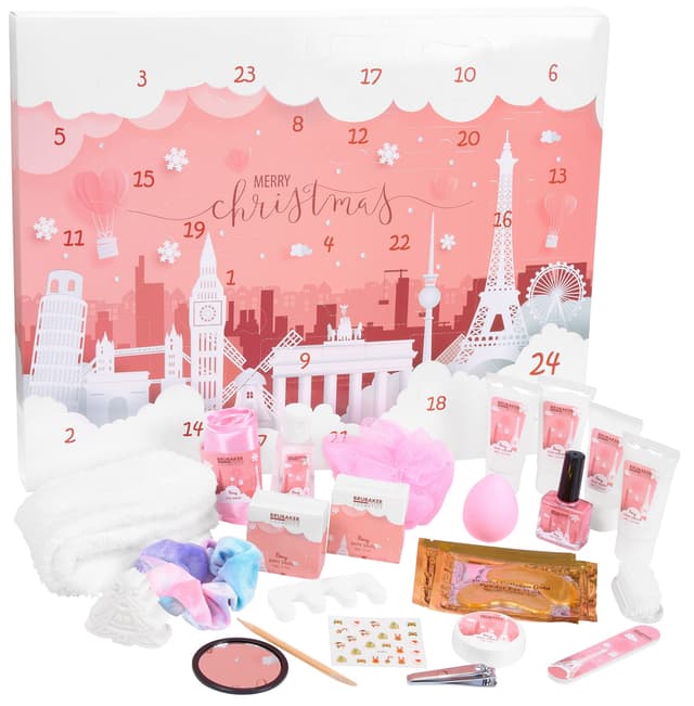 BRUBAKER Cosmetics Beauty Adventskalender 2025 - der XXL Wellness Weihnachtskalender für Frauen und Mädchen - 24 x Körperpflege Produkte & Spa Accessoires - Städte Wahrzeichen Rosa