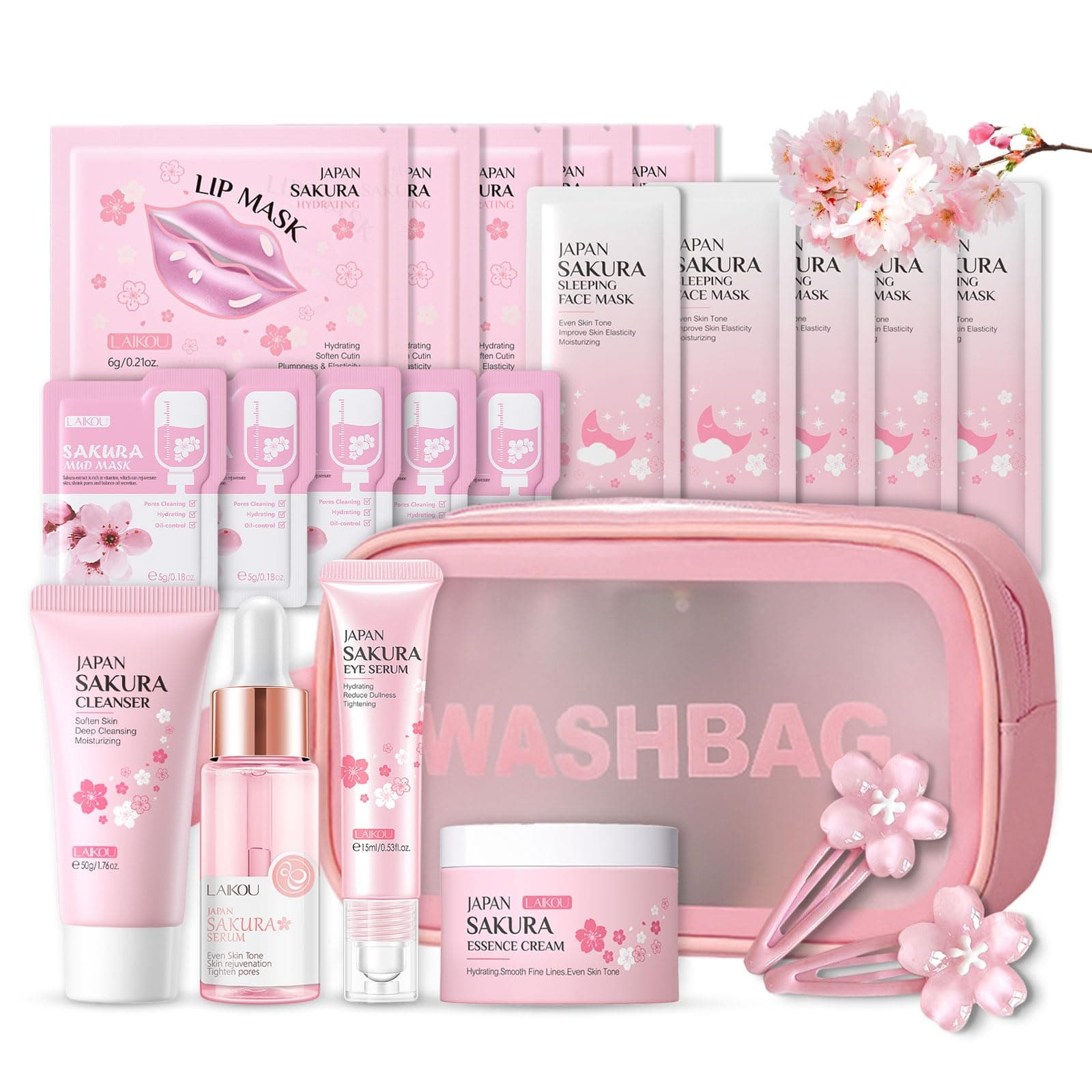 Shefave Sakura Beauty Geschenksets, Skincare Set mit Kosmetiktasche, Serum, Gesichtscreme, Reiniger, Lippenmaske, Haarnadel, Geschenk Teenager Mädchen, Gesichtspflege Set Damen, 9-tlg Dunkelrosa