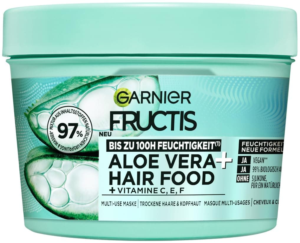 Garnier Fructis Aloe Vera Haarmaske, Leave-In für normales bis trockenes Haar, Mehr Geschmeidigkeit und Glanz, Intensive Feuchtigkeit, Ohne Silikone, Hairfood, 3in1, 400ml Maske Aloe Vera