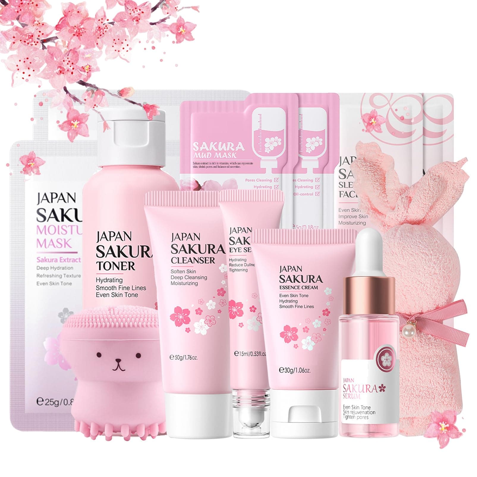 Japan Sakura Hautpflege Set für Teenager-Mädchen, Feuchtigkeit Skincare Set, Anti-aging Gesichtspflege Set, Beauty Geschenke Set Frauen - Reinigung Toner Serum Creme Augenserum Gesichtsmaske Zartrosa Angebot bei HelloDeals