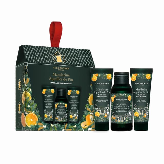 Yves Rocher LIMITED EDITION Mini Geschenkset für Frauen – Bodylotion 30 ml, Peeling 30 ml & Duschgel 50 ml – Feuchtigkeitsspendende Pflegeroutine Mandarine & Kiefer