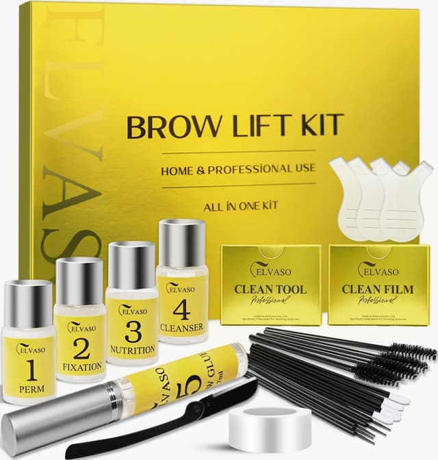 Augenbrauen Lifting Set, DIY Brow Lifting Set für Zuhause, ELVASO Sofortiger Salon-Effekt für Vollere, Dichtere 3D-Augenbrauen, Einfach in der Anwendung & Lang Anhaltendes Ergebnis Dunkles Gold