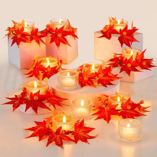 Hewory Herbst Dekoration Teelichthalter Tischdeko: 12 Stück Herbstdeko Innen Herbst Deko Wohnzimmer Kerzenhalter Glas mit Herbst Girlande - Fall Decor Aesthetic Tisch Deko Boho