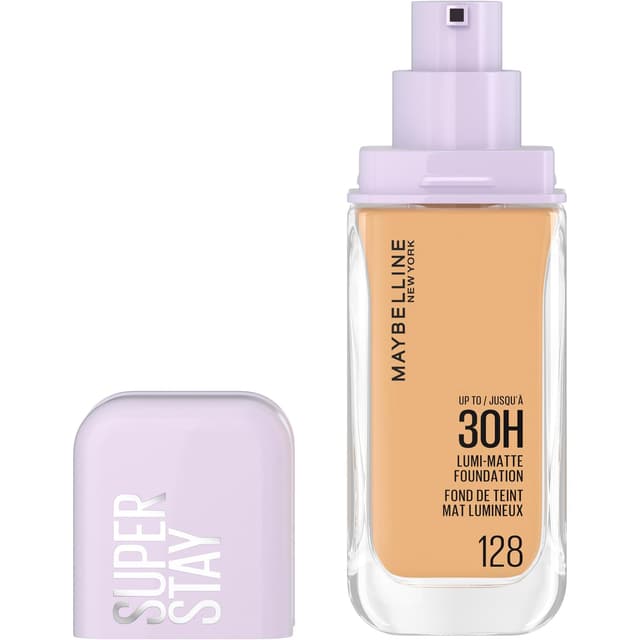 Maybelline New York 30H Lumi Matte Foundation, Langanhaltend ultra-frischer Look mit mattem Finish, Aufbaubare & lichtreflektierende Foundation, Farbe: 128 Mittel, Warm, Superstay