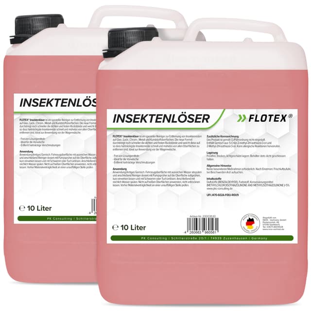 Flotex® Profi Insektenentferner Auto - 2x10L I Insektenlöser für Auto & Motorrad - Ideal für Glas, Kunststoff, Lack & Chrom I Lackschonender KFZ Insektenentferner- Für optimale Vorwäsche 2 x 10 Liter