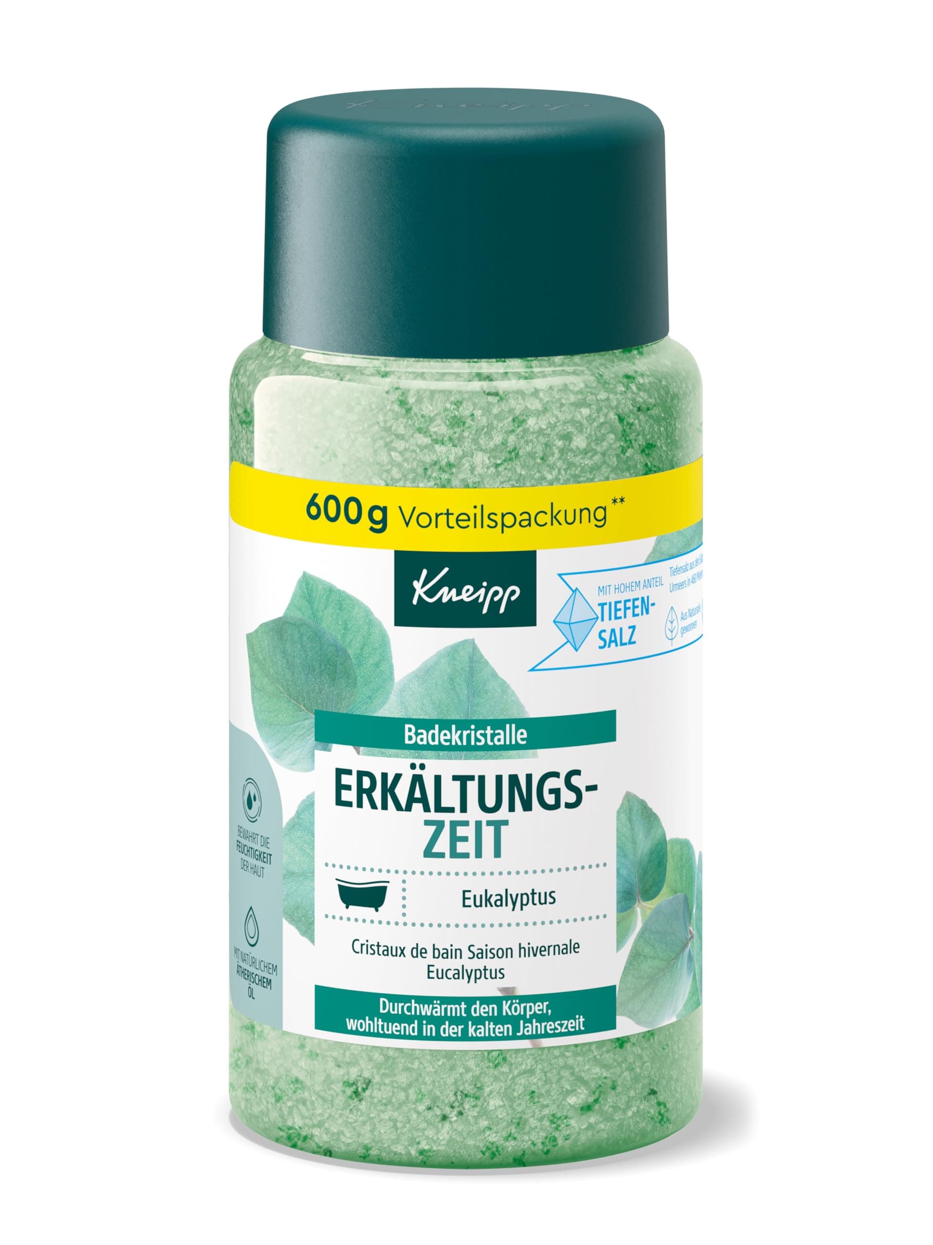 Kneipp Badekristalle Erkältungszeit - Badesalz Vorratspackung - mit naturreinem Tiefensalz der Saline Luisenhall & natürlichen ätherischen Ölen aus Eukalyptus & Minze - aromakologische Wirkung - 600g Grün 600 g (1er Pack)