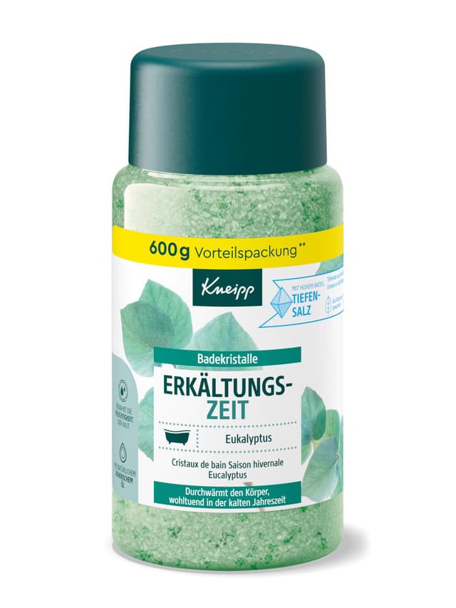 Kneipp Badekristalle Erkältungszeit - Badesalz Vorratspackung - mit naturreinem Tiefensalz der Saline Luisenhall & natürlichen ätherischen Ölen aus Eukalyptus & Minze - aromakologische Wirkung - 600g Grün 600 g (1er Pack)
